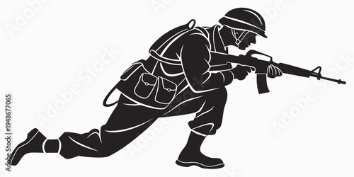 soldier in a crouching position holding a rifle Vector