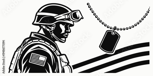 a soldier wearing a helmet and a dog tag on a chain Vector