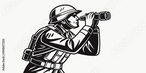 a man wearing a cap is looking through binoculars Vector