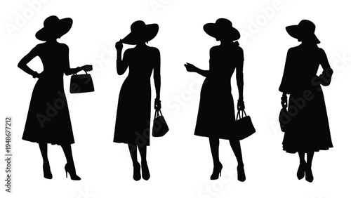 Elegant silhouettes of women in vintage hats and dresses with handbags