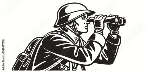 a soldier is looking through binoculars Vector