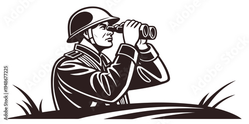 a soldier is looking through binoculars in the field Vector