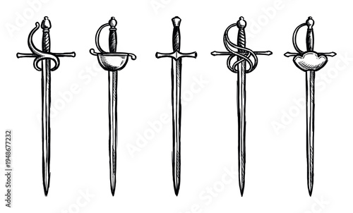 Collection of five hand-drawn historical swords and rapiers with intricate hilts, depicting various styles of ancient weaponry.
