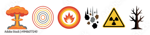 Collection of disaster and hazard warning icons depicting nuclear explosion, fire, radiation, earthquake, and environmental damage.