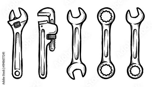 Hand-drawn illustration of various wrenches, including adjustable, pipe, and combination types, for repair and maintenance.
