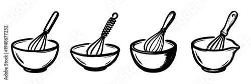 Collection of hand-drawn black and white illustrations depicting different mixing bowls and whisks.