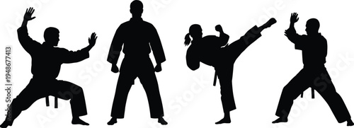 Black silhouettes of male and female martial artists practicing karate and taekwondo kicks and poses isolated on a white background