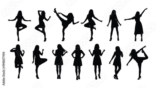 Collection of black silhouette illustrations of women in various dance poses and elegant dresses on white background for fashion and movement concepts