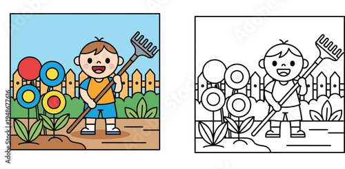 Cute cartoon little boy gardening with a rake near flowers. Color illustration and black and white line art coloring page outline for kids.