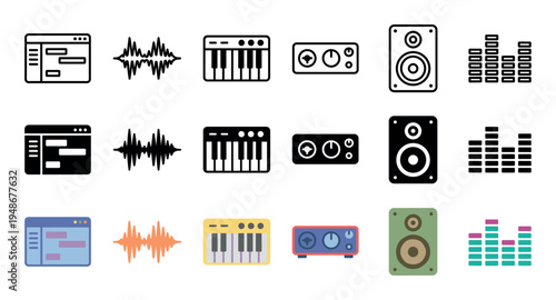 Collection of music production and audio engineering icons in three distinct styles, including sound waves, synthesizers, and studio monitors.