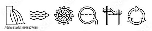 Sequence of line icons illustrating the process of hydroelectric power generation and renewable energy concepts.
