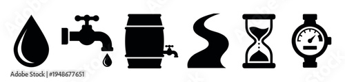 Set of six black silhouette icons representing various water elements and time measurement concepts.