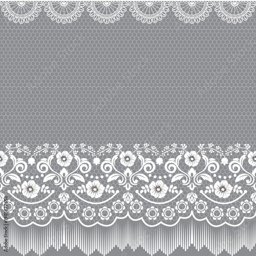 Elegant white lace pattern with floral ornaments on gray honeycomb background. Vintage decorative lace border design perfect for textile, fabric prints, wallpaper, and delicate surface patterns.