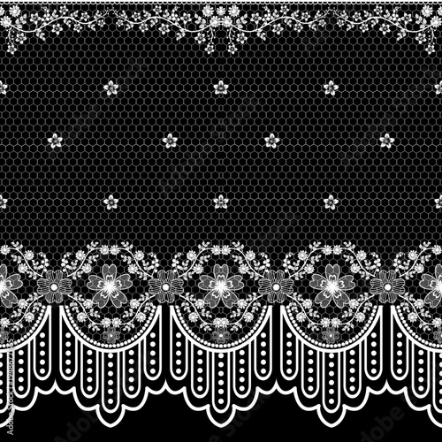Elegant black lace pattern with delicate floral ornaments and honeycomb mesh background. Vintage decorative lace border design perfect for textile, fabric prints, wallpaper, and fashion surface patter