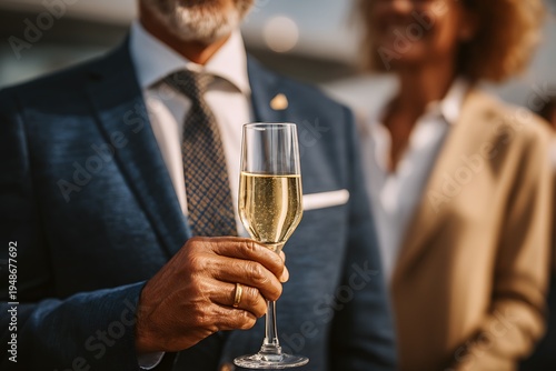 Businessman holding champagne glass with colleague.