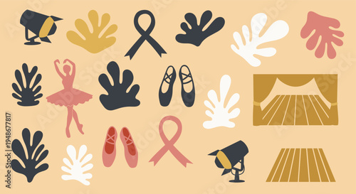 Ballet performance elements and abstract floral shapes collection