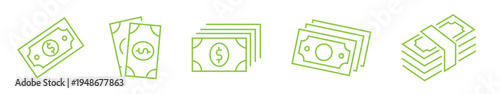 A collection of green cash and dollar bill icons on a white background
