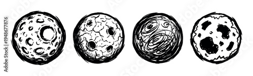 Hand-drawn sketch illustration of four stylized planets or moons with unique surface textures and craters.
