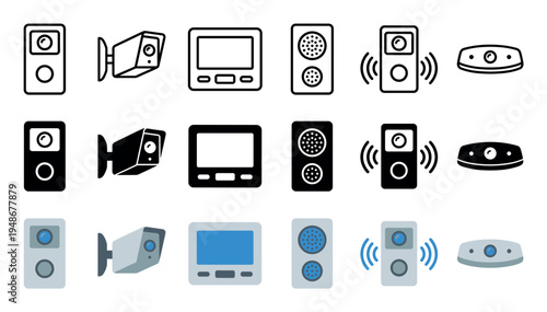 Collection of smart home security and audio device icons in outline, solid, and color styles.