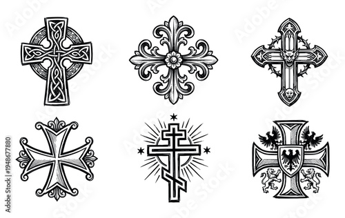 Set of decorative black and white crosses featuring Celtic, Gothic, and heraldic elements.