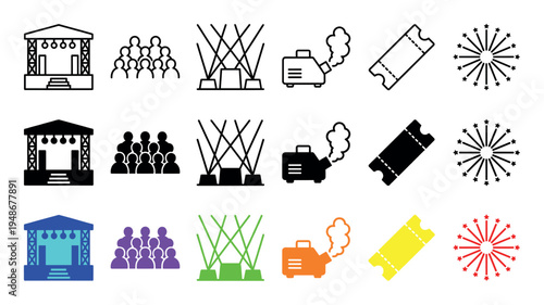 Collection of event and concert icons including stage, audience, spotlights, fog machine, ticket, and fireworks in various styles.