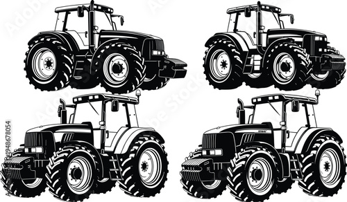 Black and white flat vector illustration set of heavy agricultural tractors silhouettes isolated on white background for farming industry graphic design projects.