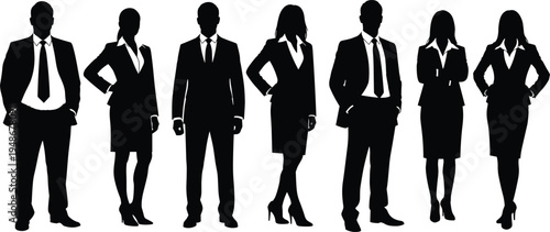 Black and white flat vector silhouette set of diverse business people men and women wearing professional suits standing in confident poses on white background.