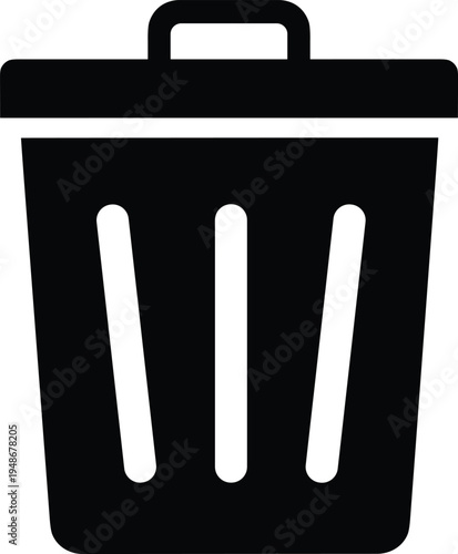 Black and white trash can icon with lid and vertical slits, minimalist rectangular design symbolizing delete, remove, discard, recycle, waste management, digital interface element