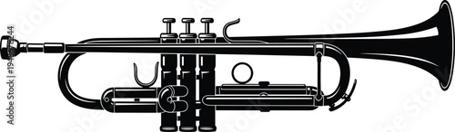Black and white vector illustration of trumpet musical instrument with detailed valves, mouthpiece, and bell, jazz and classical brass band design concept