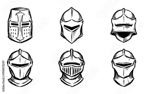 Collection of six hand-drawn medieval knight helmets showcasing various historical designs and protective features.