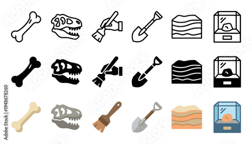 Diverse collection of paleontology and archaeology themed icons featuring bones, dinosaur skulls, excavation tools, and artifacts.