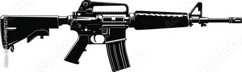 Black and white vector silhouette illustration of modern military assault rifle M4 carbine with collapsible stock, pistol grip, magazine, barrel, and tactical design