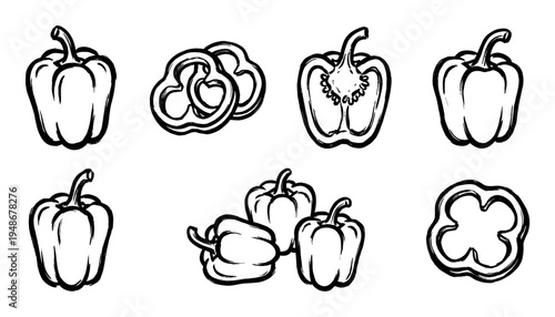 Hand-drawn bell pepper illustrations depict whole, sliced, and halved vegetables with a rustic, artistic brushstroke effect.