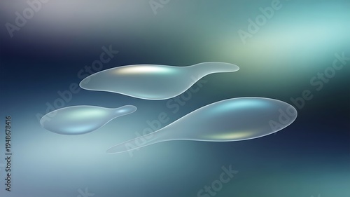 Three translucent organic shapes floating in a soft gradient of blue and green, evoking a sense of fluidity and calm