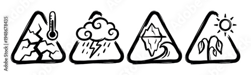 Climate change warning icons depicting global warming effects like drought, severe storms, melting glaciers, and dying vegetation in a brushstroke style.