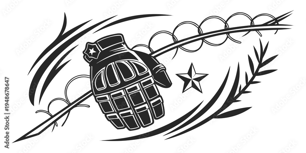 Obraz premium a grenade with a pin and safety lever surrounded by barbed wire and a star Vector