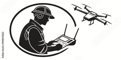 man operating drone with laptop computer Vector