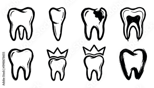 Set of hand-drawn sketch illustrations depicting various dental health concepts including healthy teeth, cavities, and crowns.