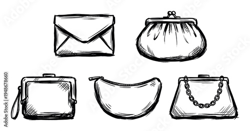 Collection of hand-drawn sketch illustrations depicting various women's fashion accessories like purses, clutches, and coin bags.