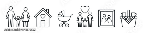 Collection of line art family icons depicting parents, children, home, baby carriage, and a picnic basket, symbolizing family life and togetherness.