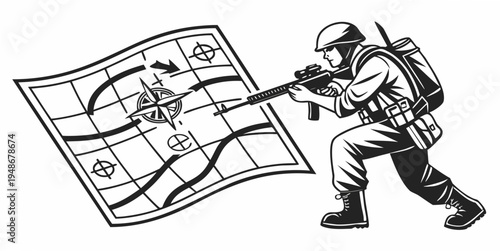 soldier holding a gun and a large map Vector