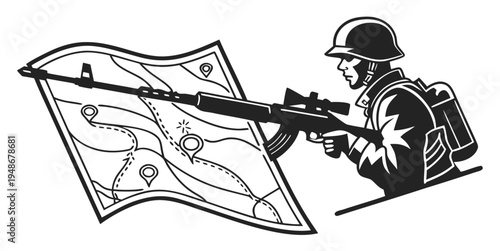 soldier in combat gear aiming rifle at a map Vector