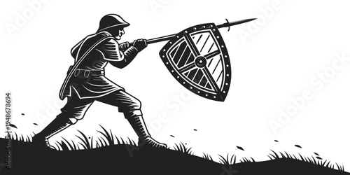 a medieval soldier holding a large shield and spear Vector