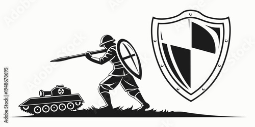a knight standing next to a tank with a shield Vector