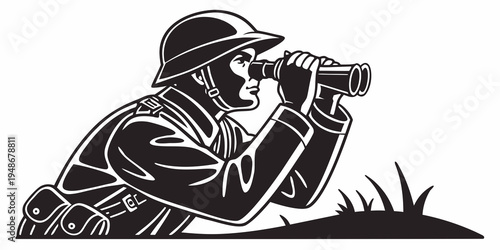 a soldier is looking through binoculars on the ground Vector