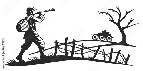 soldier aiming rifle from behind a fence Vector
