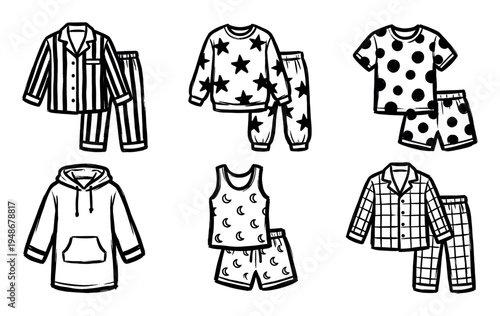 Hand-drawn black and white illustrations showcase a variety of comfortable sleepwear and pajama sets with different patterns.