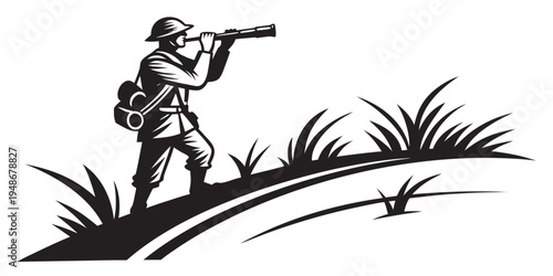 a soldier is aiming a rifle from a standing position Vector