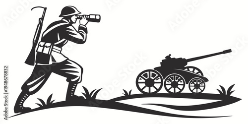 soldier looking through binoculars next to a tank Vector