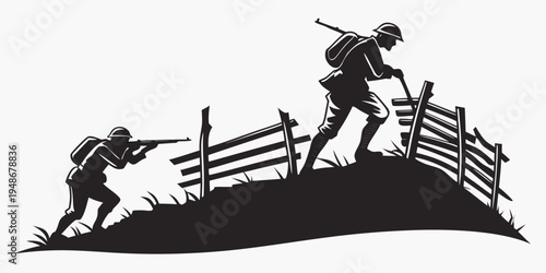 two hikers climbing a hill with a fence Vector